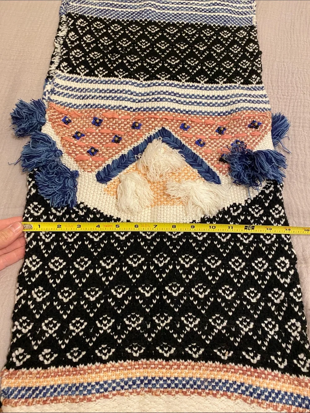 Anthropologie HelloHydrangea Navy, Cream & Peach Knit Tassel Scarf . New